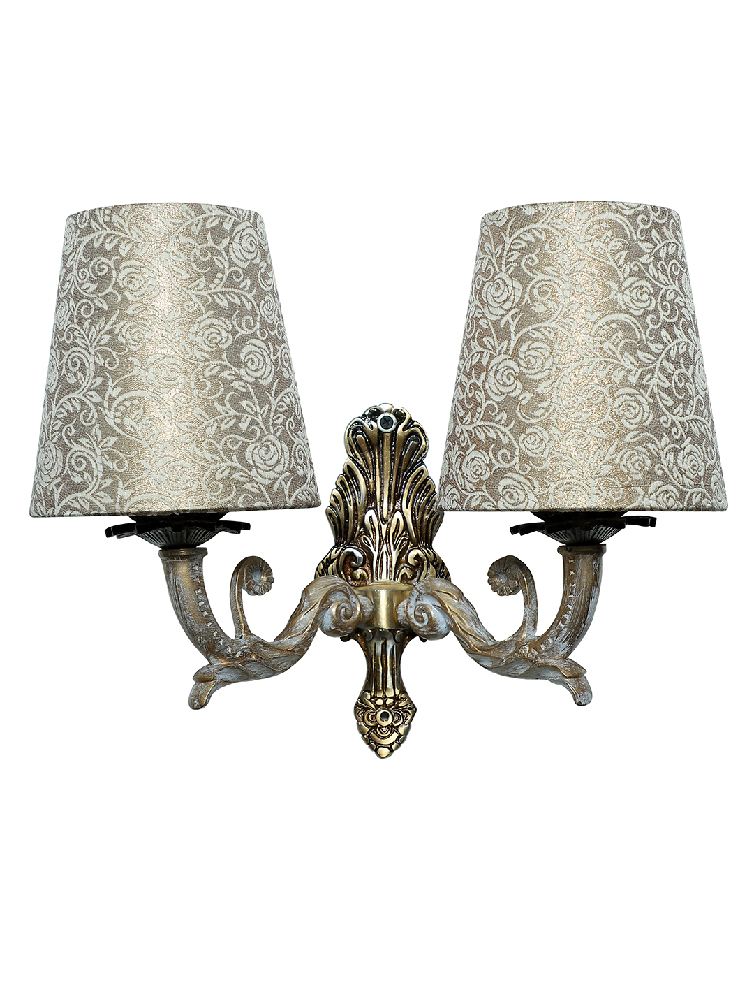 Regal Golden White Double Wall Sconce, Brocade Fabric Shades, Classic Style