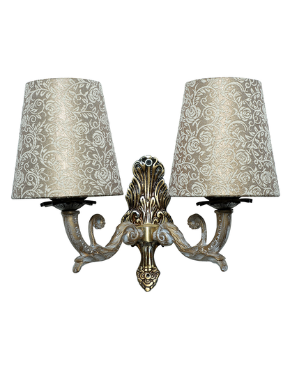 Regal Golden White Double Wall Sconce, Brocade Fabric Shades, Classic Style