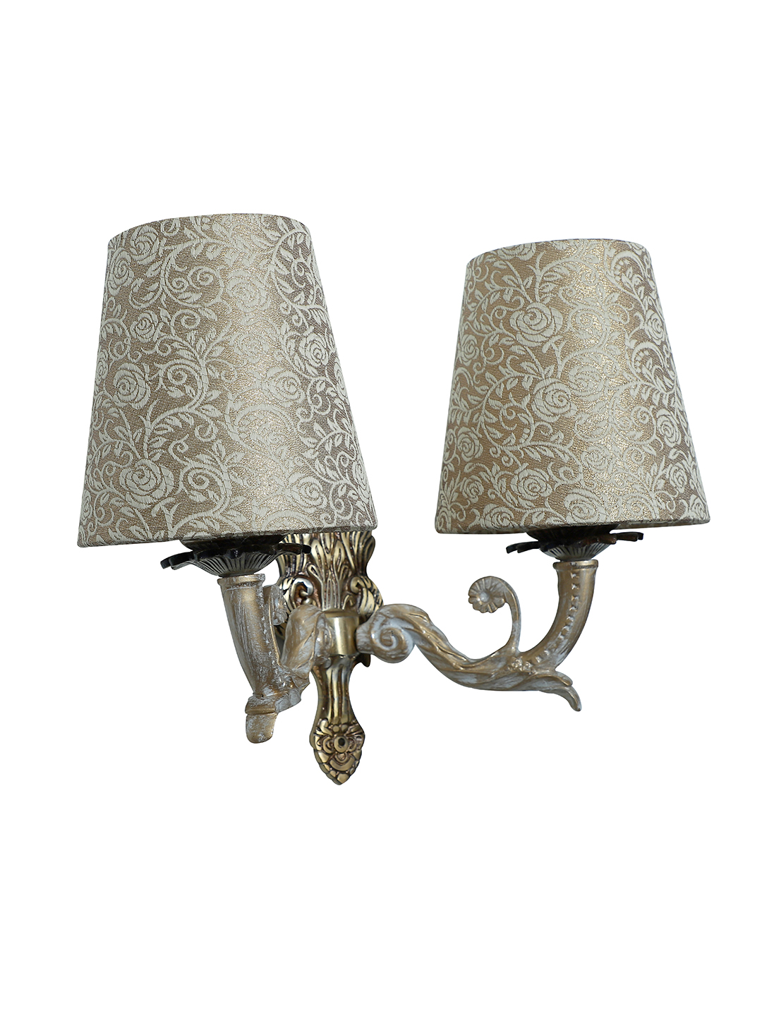 Regal Golden White Double Wall Sconce, Brocade Fabric Shades, Classic Style