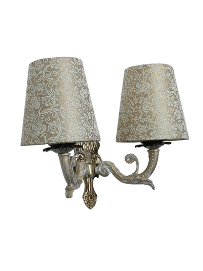 Regal Golden White Double Wall Sconce, Brocade Fabric Shades, Classic Style