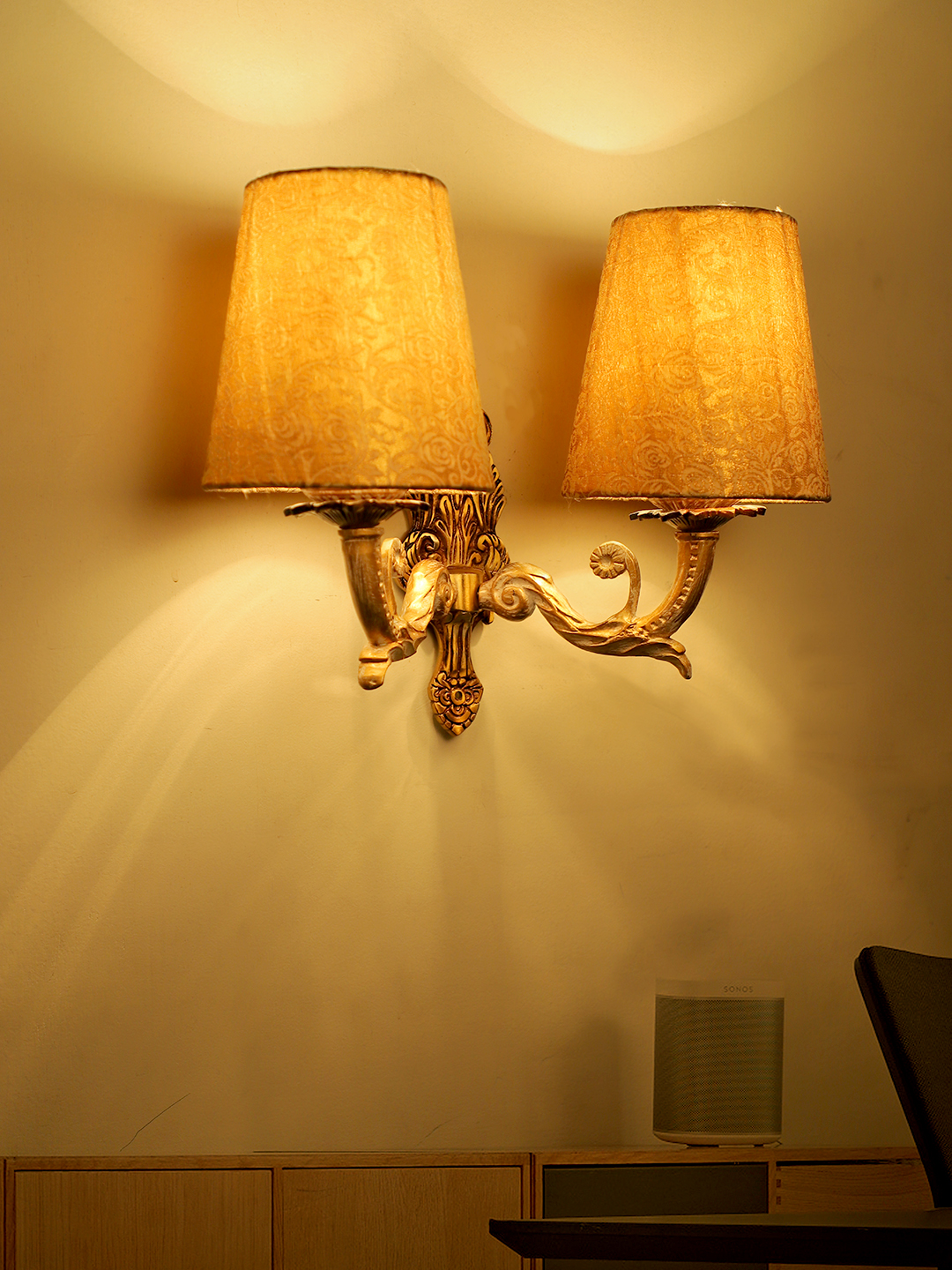 Regal Golden White Double Wall Sconce, Brocade Fabric Shades, Classic Style