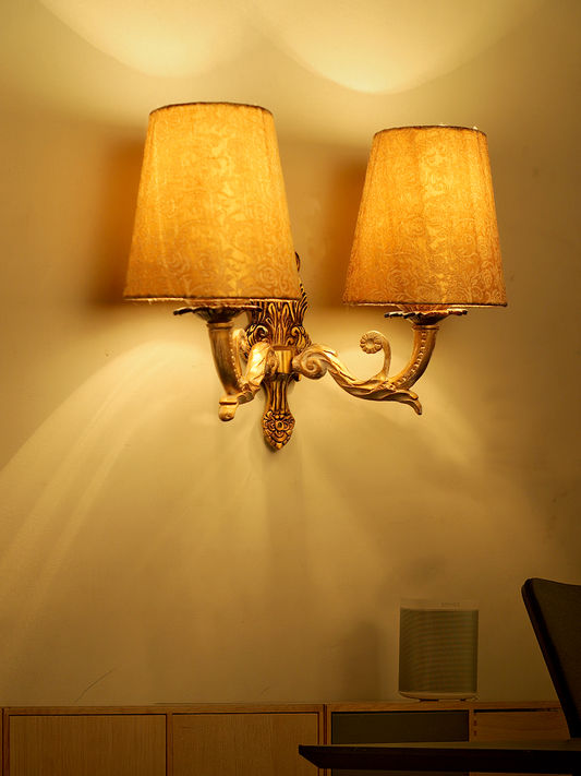 Regal Golden White Double Wall Sconce, Brocade Fabric Shades, Classic Style