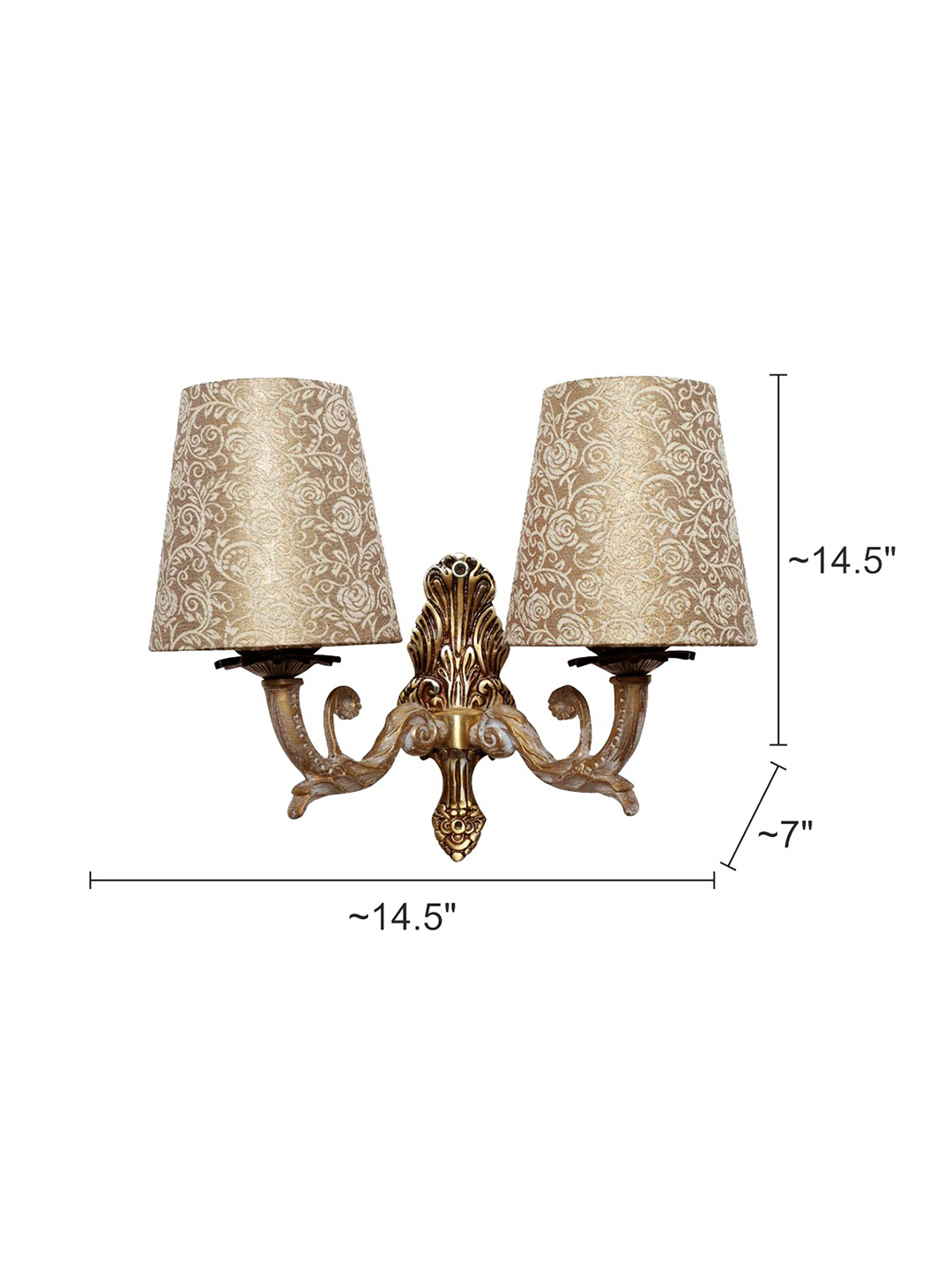 Regal Golden White Double Wall Sconce, Brocade Fabric Shades, Classic Style