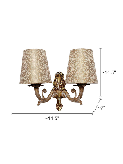 Regal Golden White Double Wall Sconce, Brocade Fabric Shades, Classic Style
