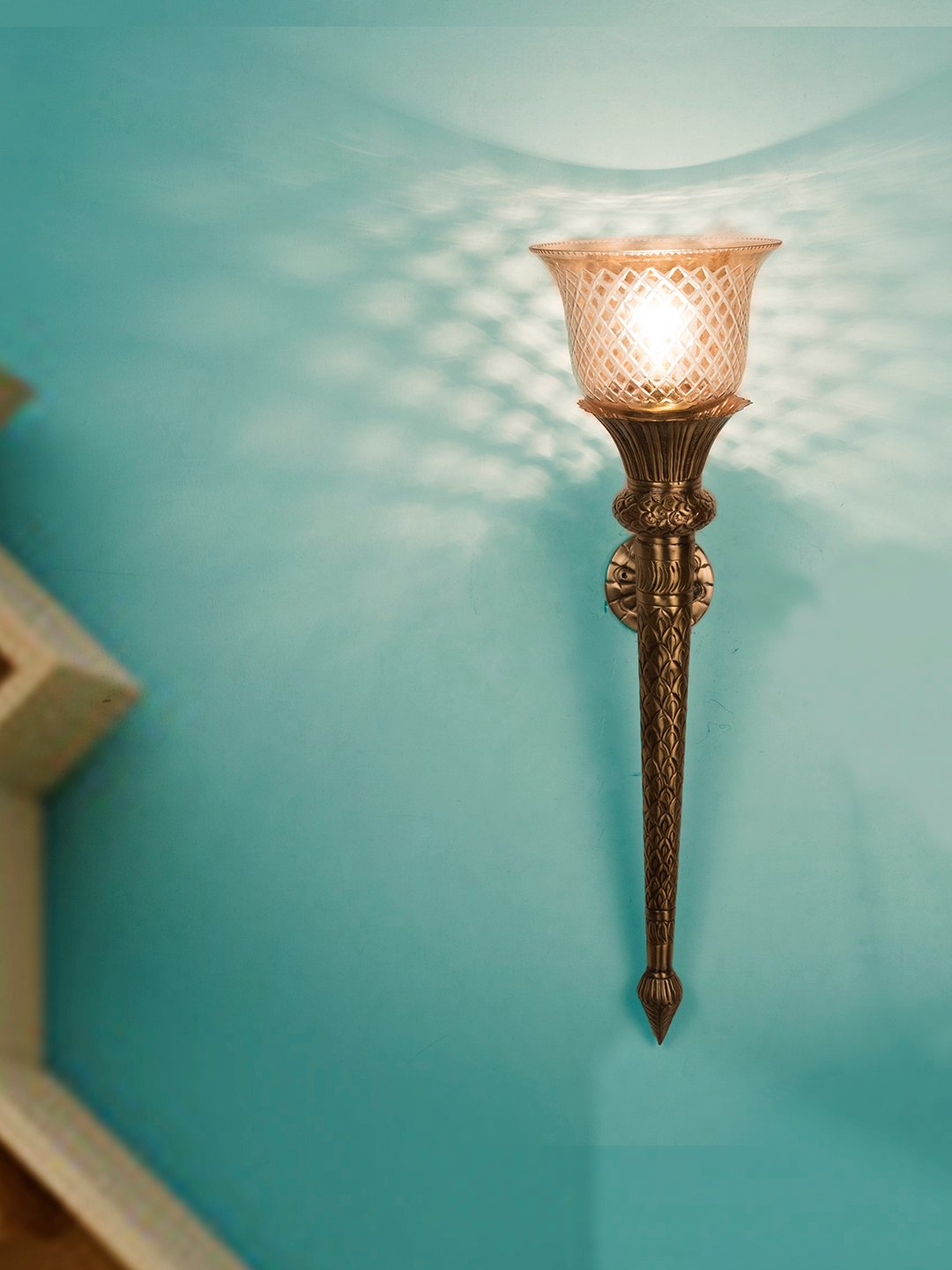 Regal Hand-Carved Brass Conical Mashal Torchiere Wall Sconce with Cut Glass