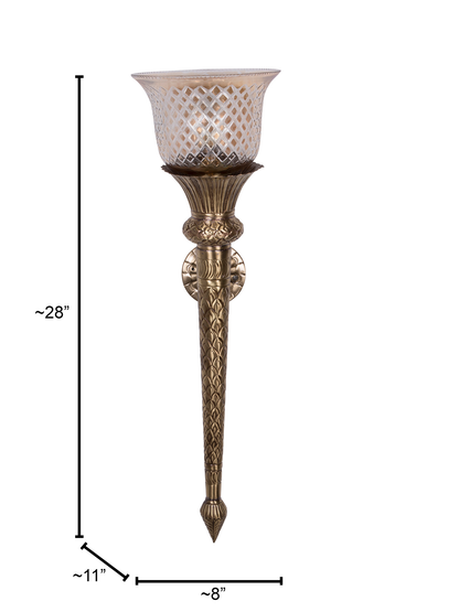 Regal Hand-Carved Brass Conical Mashal Torchiere Wall Sconce with Cut Glass