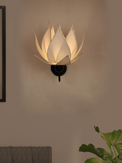 Elegant Ivory Blooming Lotus Fabric Wall Sconce | Modern Decorative Ambient Lighting