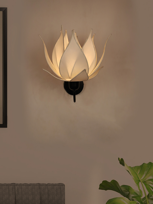 Elegant Ivory Blooming Lotus Fabric Wall Sconce | Modern Decorative Ambient Lighting