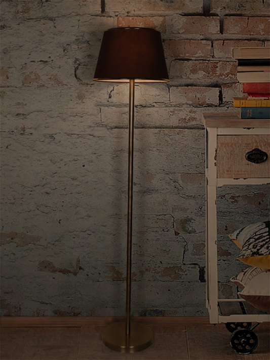 Elegant Antique Brass Pipe Floor Lamp with Brown Golden Beaded Fabric Shade