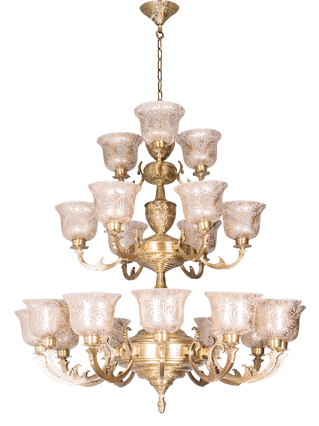 Regal Jaisalmer 3-Tier Brass Chandelier: 21 Lights, Hand-Painted Glass, Grand Palace Style