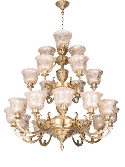 Regal Jaisalmer 3-Tier Brass Chandelier: 21 Lights, Hand-Painted Glass, Grand Palace Style