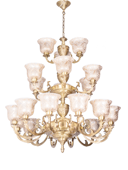 Regal Jaisalmer 3-Tier Brass Chandelier: 21 Lights, Hand-Painted Glass, Grand Palace Style