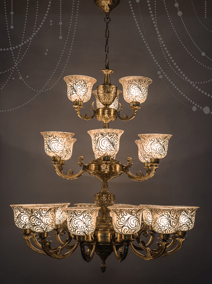 Regal Jaisalmer 3-Tier Brass Chandelier: 21 Lights, Hand-Painted Glass, Grand Palace Style