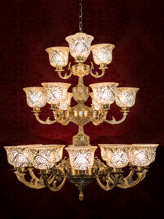 Regal Jaisalmer 3-Tier Brass Chandelier: 21 Lights, Hand-Painted Glass, Grand Palace Style
