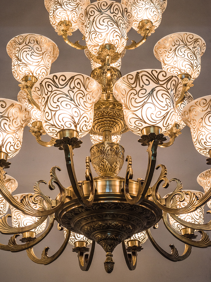 Regal Jaisalmer 3-Tier Brass Chandelier: 21 Lights, Hand-Painted Glass, Grand Palace Style
