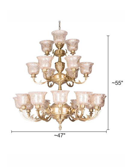 Regal Jaisalmer 3-Tier Brass Chandelier: 21 Lights, Hand-Painted Glass, Grand Palace Style