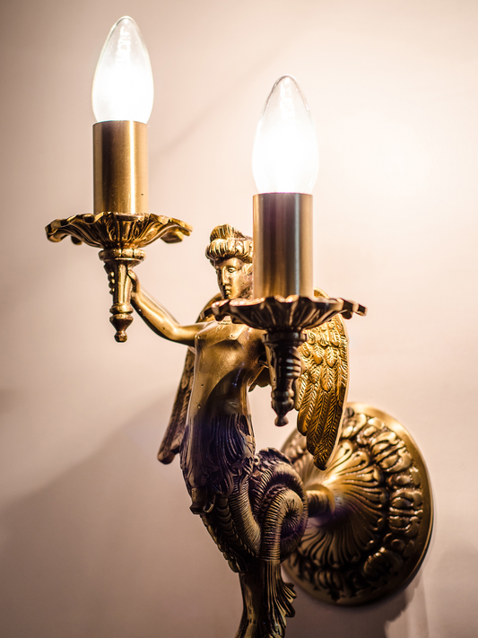Elegant Mermaid Cast Brass Wall Sconce with Dual Holders