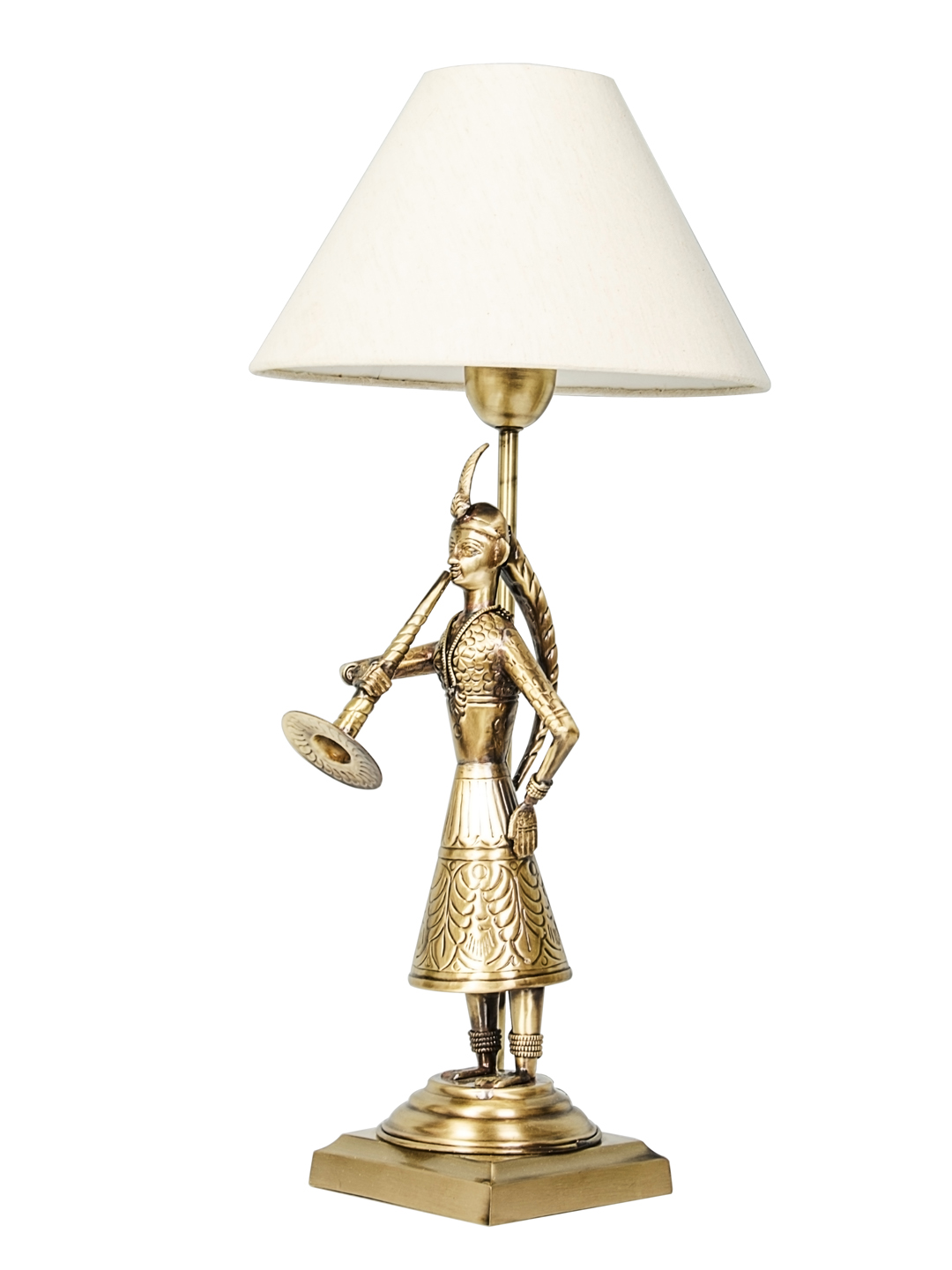 Handcrafted Indian Village Brass Table Lamp with Tapered Fabric Shade