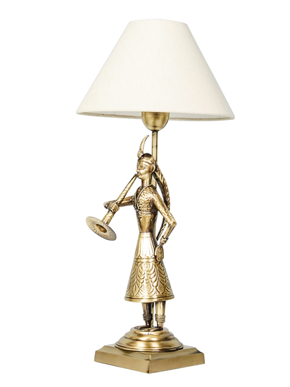 Handcrafted Indian Village Brass Table Lamp with Tapered Fabric Shade