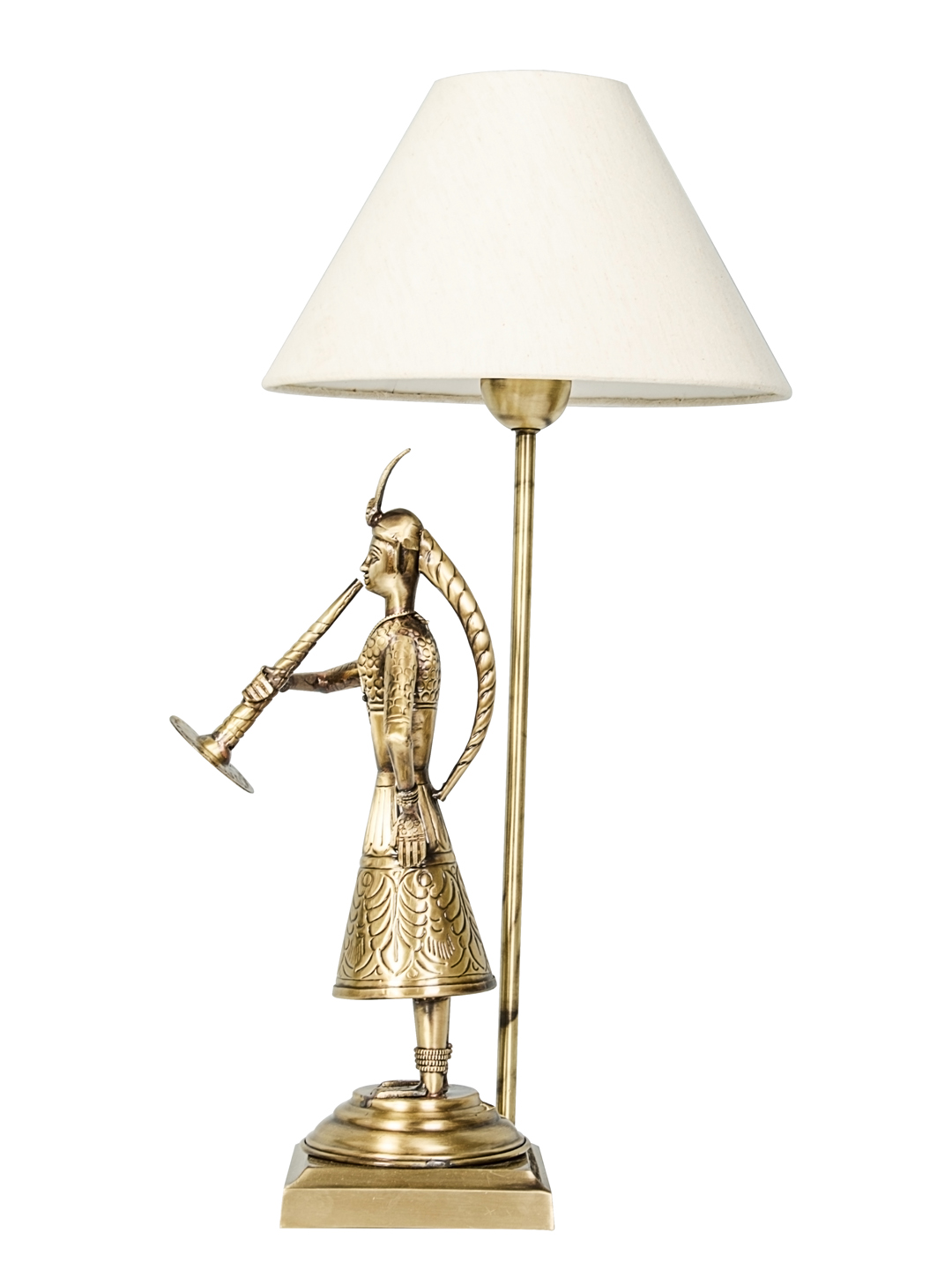 Handcrafted Indian Village Brass Table Lamp with Tapered Fabric Shade