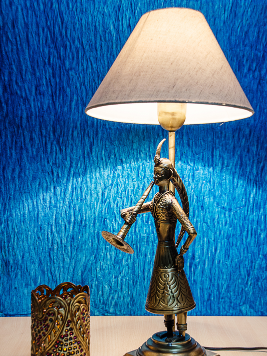 Handcrafted Indian Village Brass Table Lamp with Tapered Fabric Shade