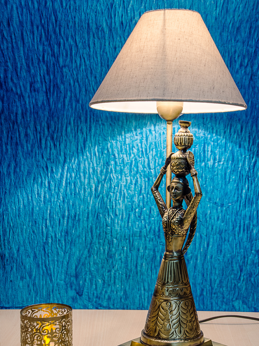 Hand-Carved Brass Kalash Taper Table Lamp, Ethnic Rajasthani Village Style Lighting