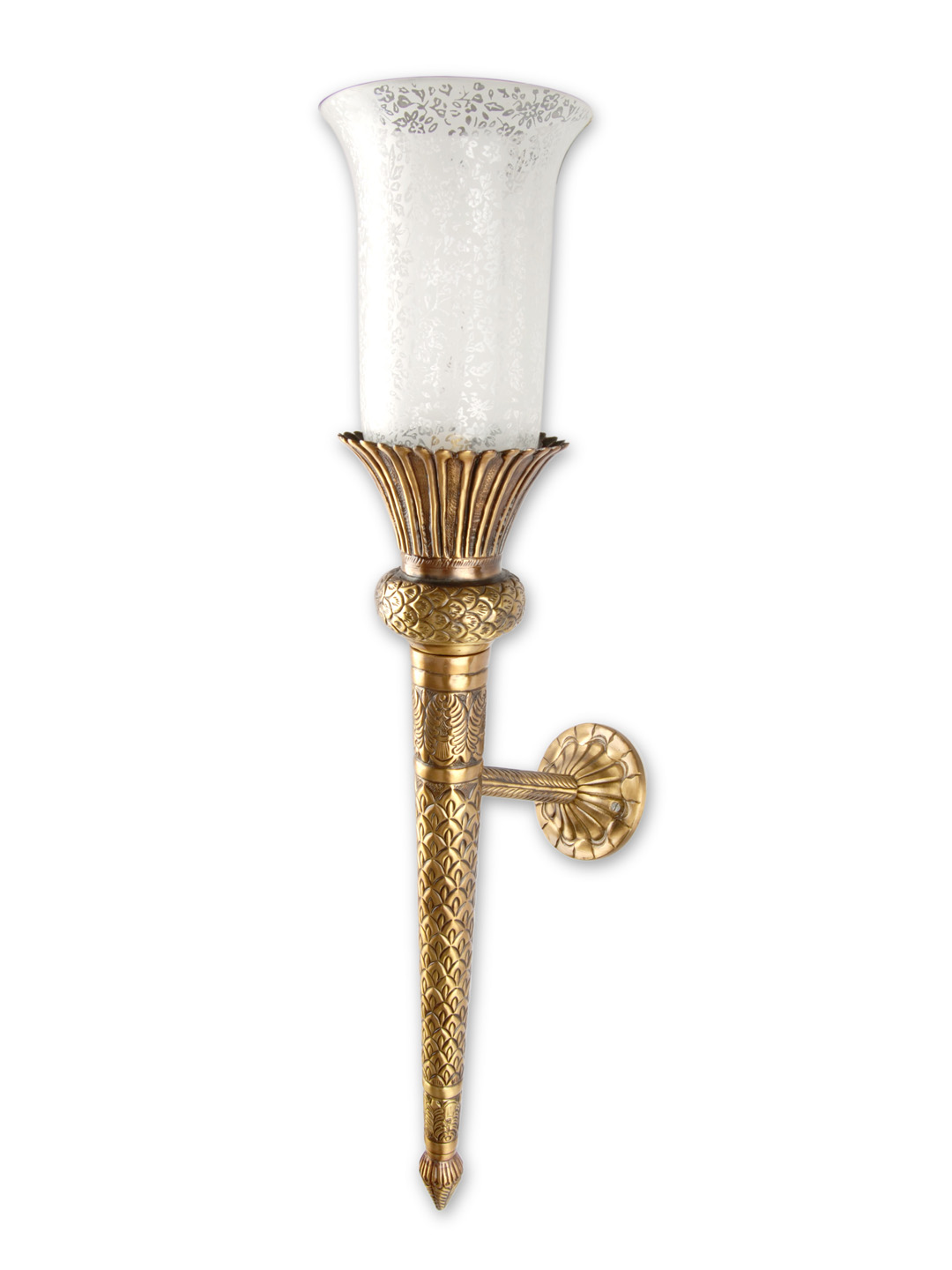 Regal Hand-Carved Brass Conical Mashal Torchiere Wall Sconce with Cut Glass