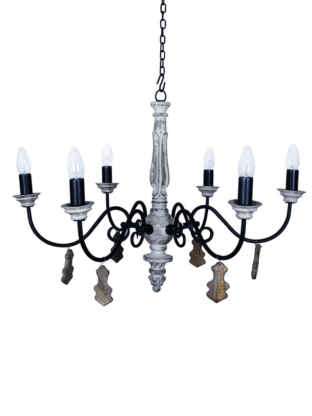 Chic French Country 6-Light Rustic White Chandelier with Hand-Carved Wood Accents