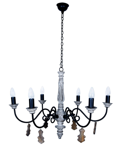 Chic French Country 6-Light Rustic White Chandelier with Hand-Carved Wood Accents