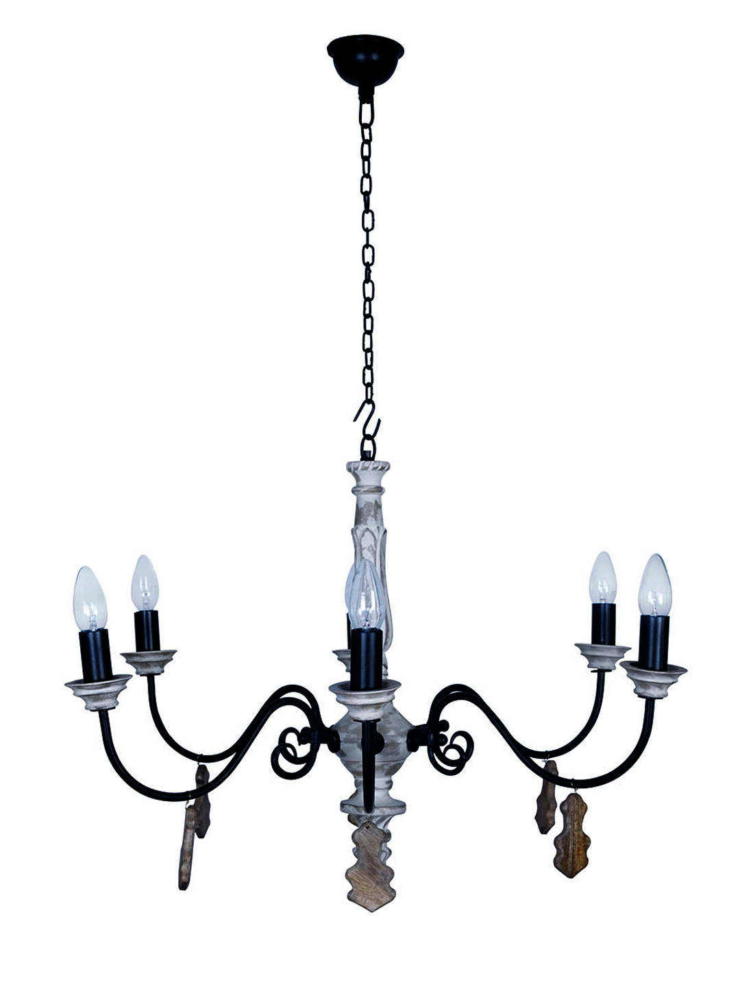 Chic French Country 6-Light Rustic White Chandelier with Hand-Carved Wood Accents