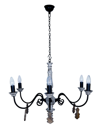 Chic French Country 6-Light Rustic White Chandelier with Hand-Carved Wood Accents