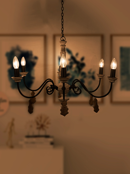 Chic French Country 6-Light Rustic White Chandelier with Hand-Carved Wood Accents
