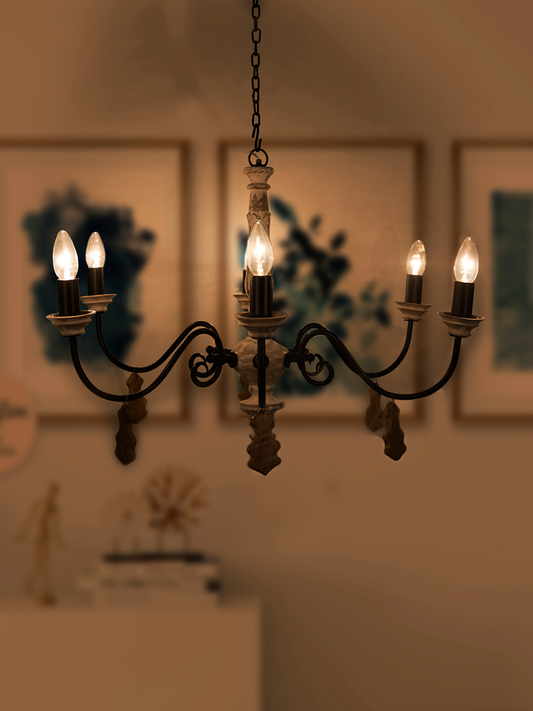 Chic French Country 6-Light Rustic White Chandelier with Hand-Carved Wood Accents
