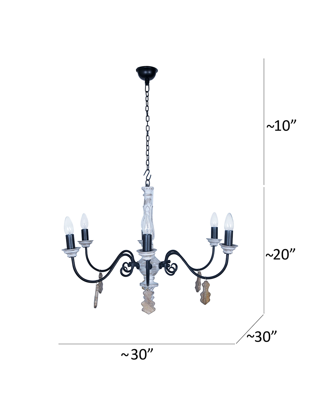 Chic French Country 6-Light Rustic White Chandelier with Hand-Carved Wood Accents