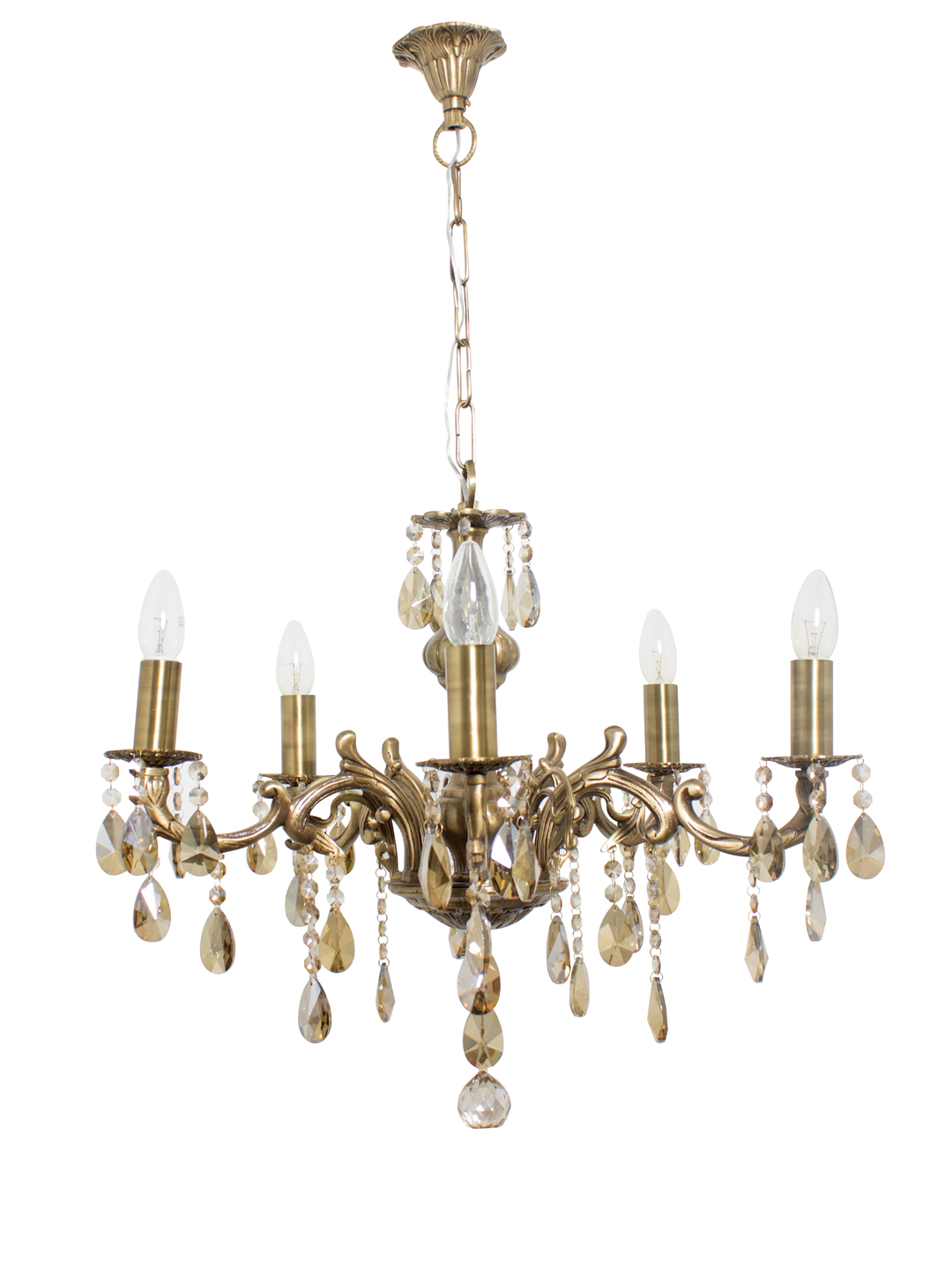 Elegant 5-Light Honey Crystal Brass Chandelier: Traditional Candelabra Style for Grand Spaces