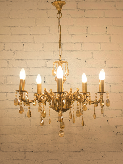 Elegant 5-Light Honey Crystal Brass Chandelier: Traditional Candelabra Style for Grand Spaces