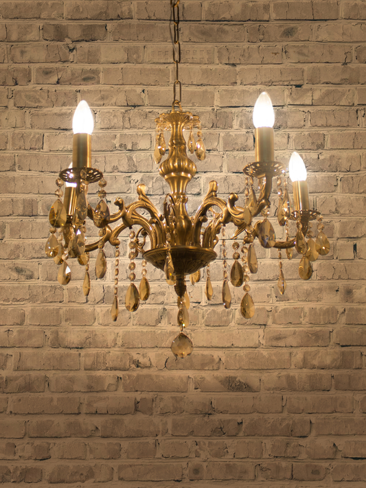 Elegant 5-Light Honey Crystal Brass Chandelier: Traditional Candelabra Style for Grand Spaces