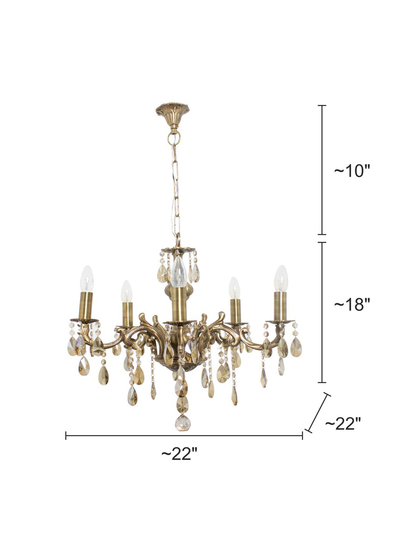 Elegant 5-Light Honey Crystal Brass Chandelier: Traditional Candelabra Style for Grand Spaces