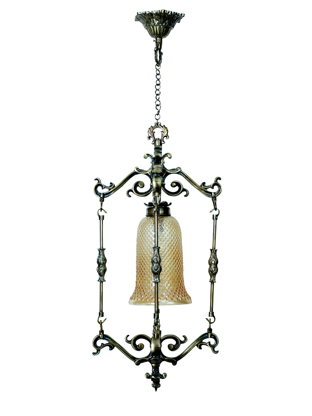 Elegant Spanish Antique Foyer Pendant Lamp with Brass Finish and Golden Glass