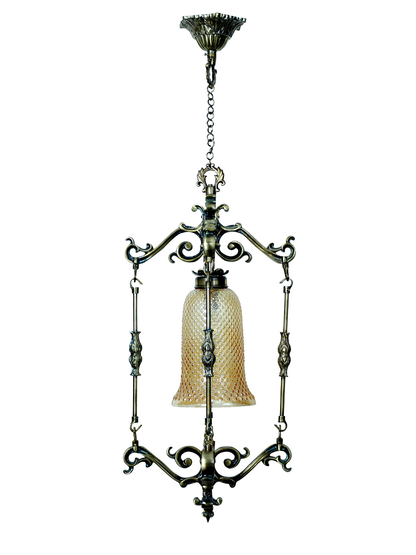 Elegant Spanish Antique Foyer Pendant Lamp with Brass Finish and Golden Glass