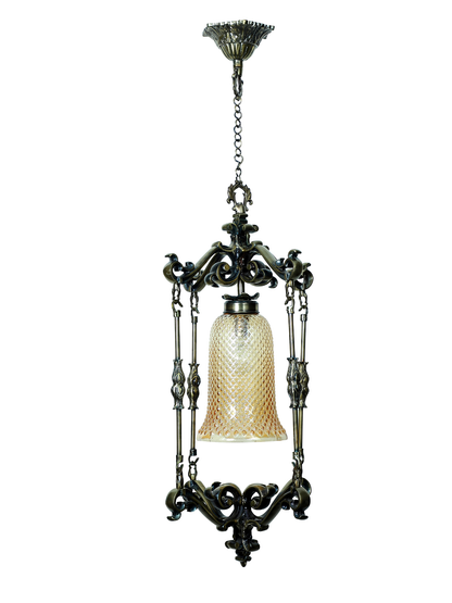 Elegant Spanish Antique Foyer Pendant Lamp with Brass Finish and Golden Glass