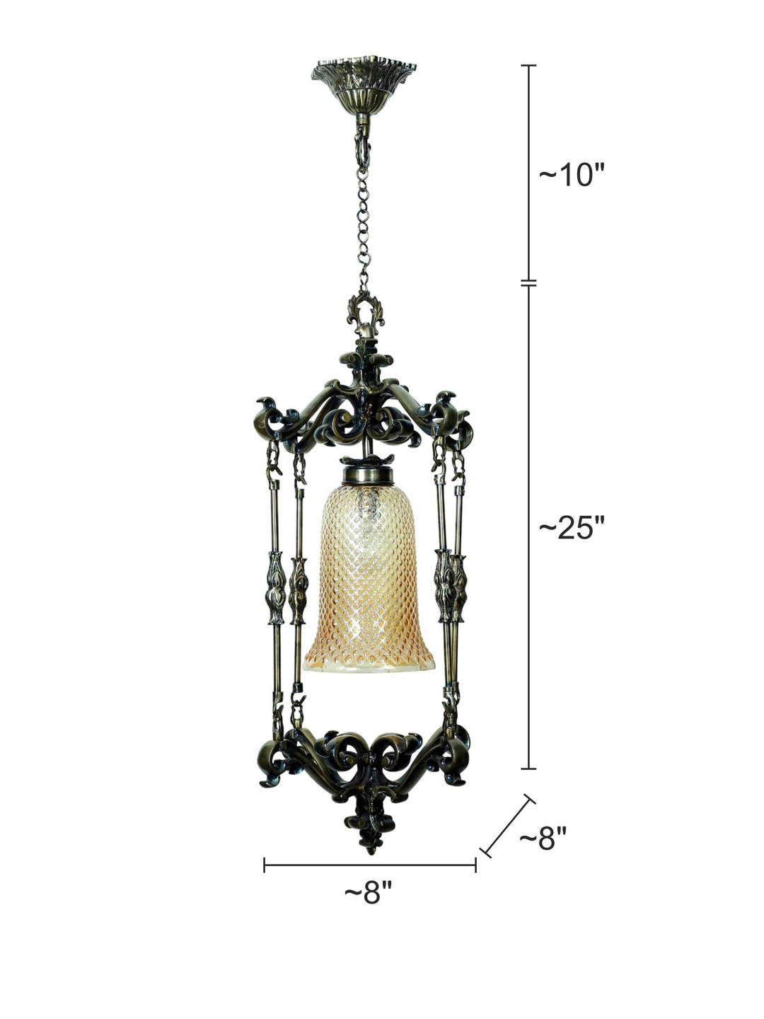 Elegant Spanish Antique Foyer Pendant Lamp with Brass Finish and Golden Glass