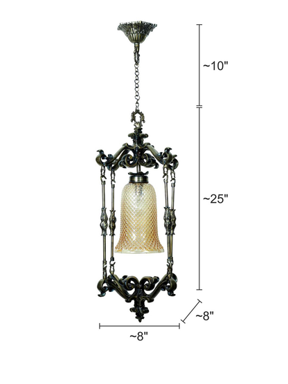 Elegant Spanish Antique Foyer Pendant Lamp with Brass Finish and Golden Glass