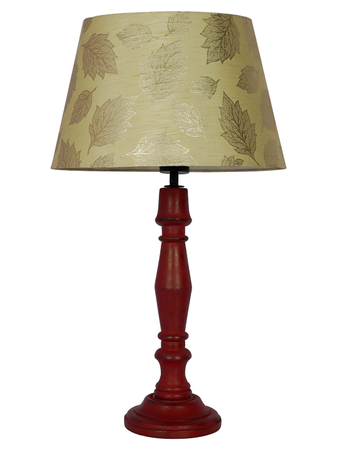 French Farmhouse Distressed Red Wooden Table Lamp with 14 Inch Gold leaf pattern Tapered Fabric Shade