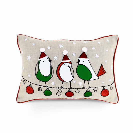 Festive Indian Brocade Linen Pillow Cover with Birds & Ornaments