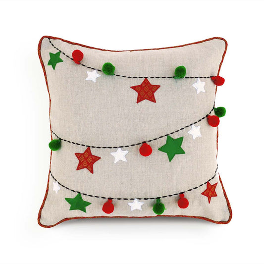 Festive Indian Brocade Linen Pillow Cover with Embroidered Pompoms