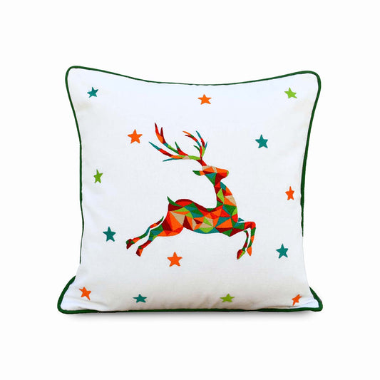 Festive Reindeer Geometric Embroidered Colorful Christmas Pillow Cover