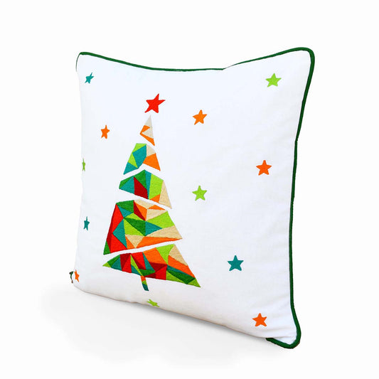 Geometric Christmas Tree Embroidered Pillow Cover – Vibrant Cotton Cushion