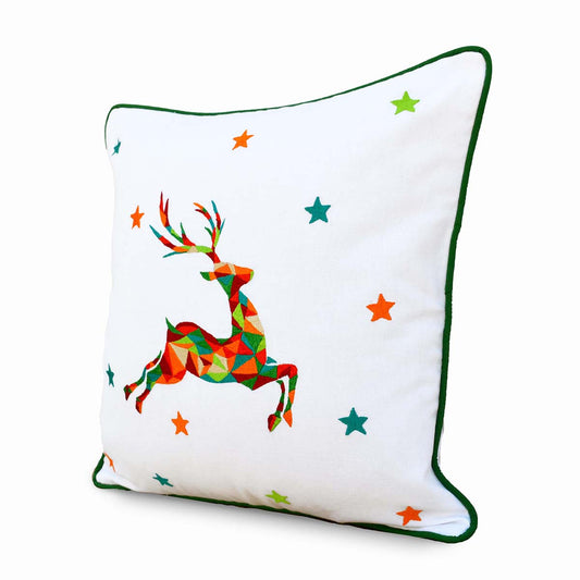 Festive Reindeer Geometric Embroidered Colorful Christmas Pillow Cover