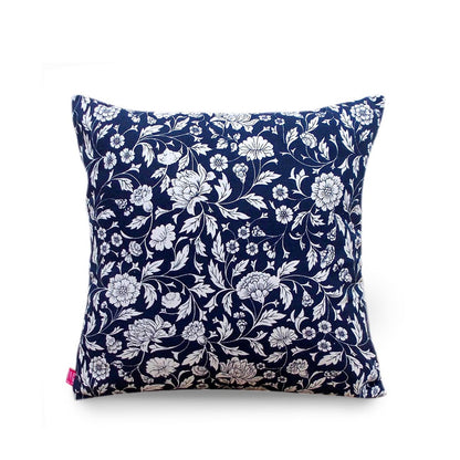 Indigo Kalamkari Cotton Cushion Cover – White Floral Print | Reversible | 4 Sizes